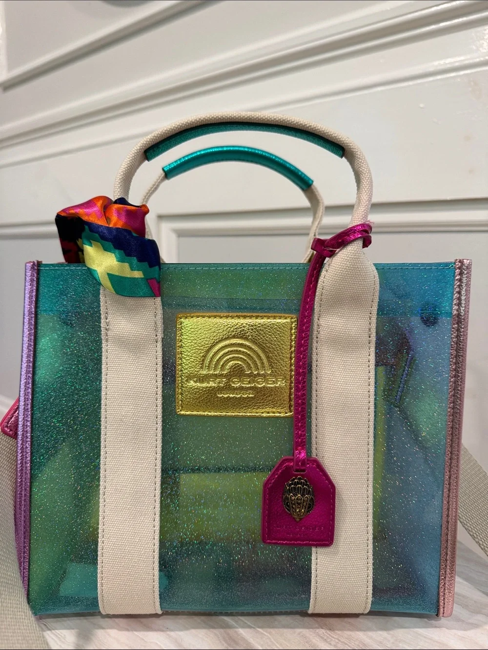 Kurt Geiger Bag Mini Southbank Vinyl Glitter Rainbow Translucent Tote Satchel - Picture 5 of 17